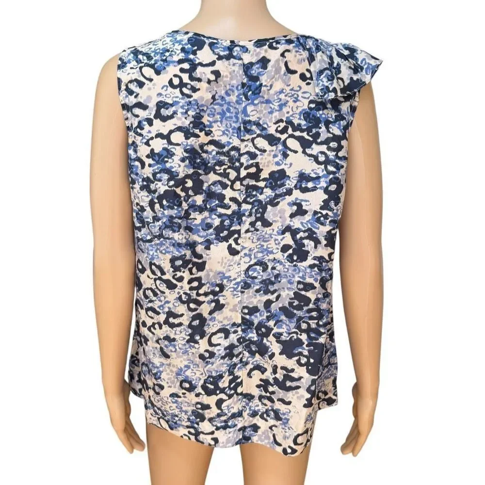 CAbi 100% Silk Cascading Ruffle Sleeveless Top Shirt Blouse blue/ivory size M